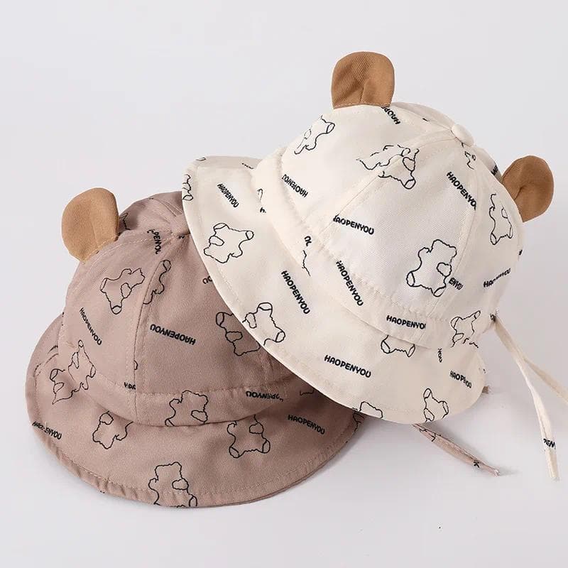 Urso Impressão Bebê Pescador Chapéu Criança Cúpula Pára-Sol Bacia Boné Bonito Animal Orelha Infantil Balde Com Laço Anti