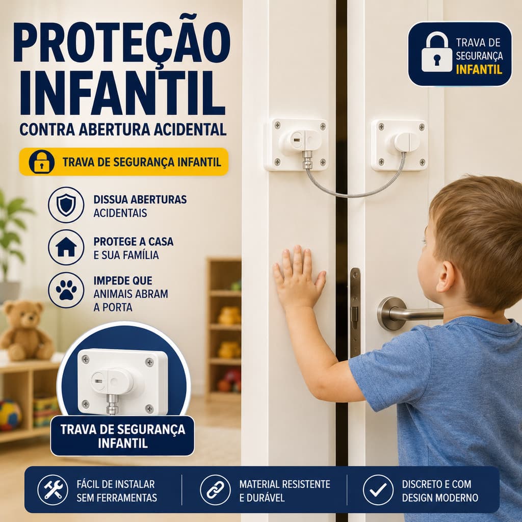Trava Adesiva com Chave para Geladeira Freezer Porta Janela Gaveta Armário Sem Furar Cabo de Aço Resistente e Durável