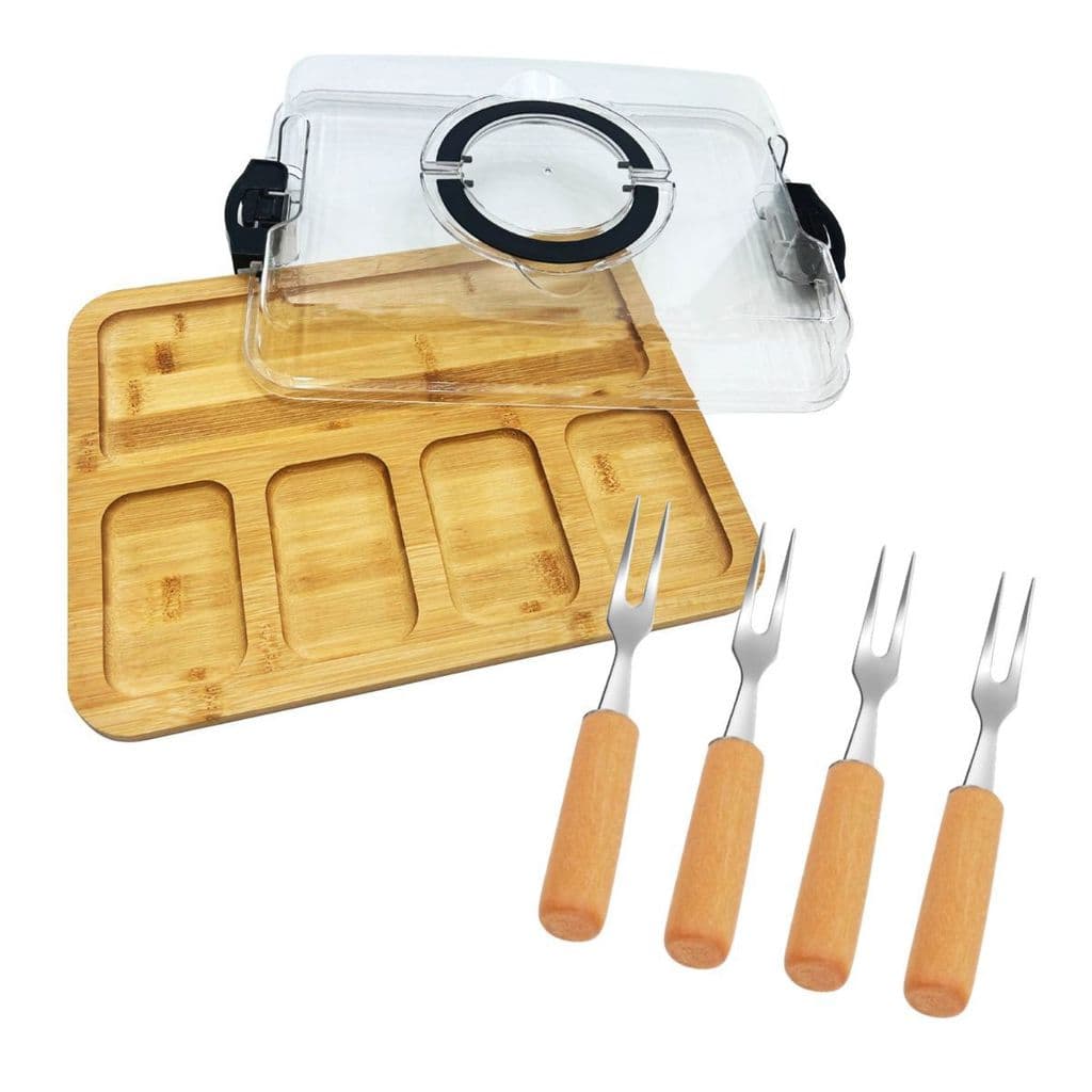 Kit Petisqueira Tábua Bandeja 5 Divisórias Gourmet Tampa 4 Garfinhos Inox Servir Queijo Frios