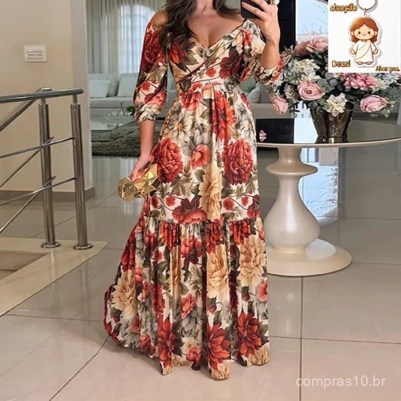Vestido Feminino Europeu E Americano Elegante Estampado irregular Com Decote Em v (28782)