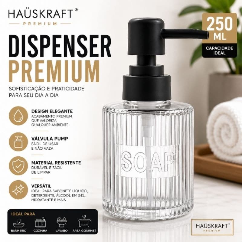 Dispenser Porta Sabonete Líquido 250ml Hauskraft Premium Transparente para Banheiro Cozinha Detergente Álcool Gel