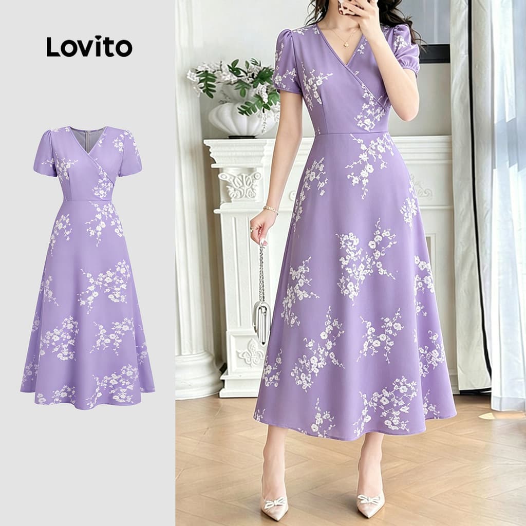 Lovito Vestido Casual de Flores com Pregas e Linha Estrutural Vestido Roxo para Mulheres primavera/verão LK5ED206