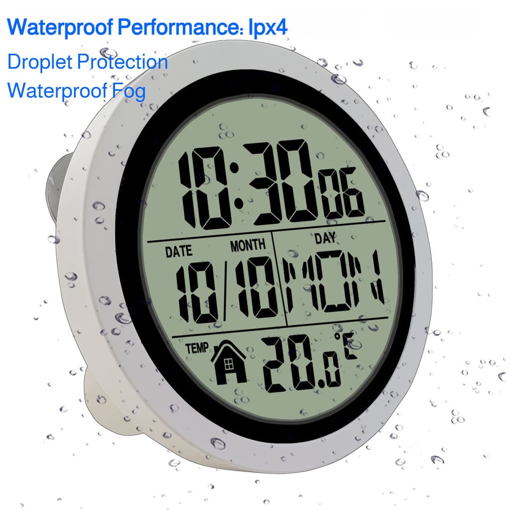 Relógio de Parede à Prova D'Água IPX4 Digital LCD com Temperatura e Data para Banheiro