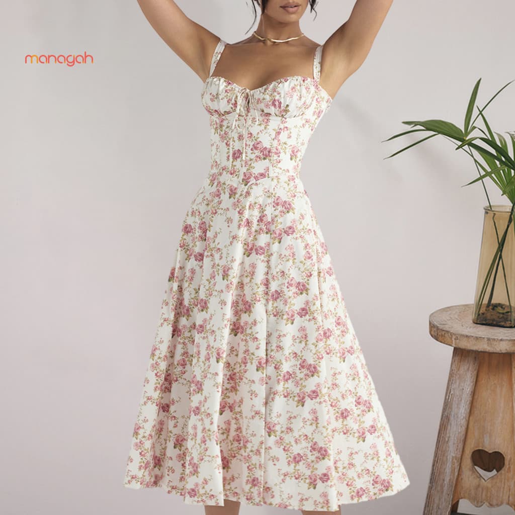 Suspenders Lace-up Dress Party Floral Bandeau with Corset Design and Side Split Hem Elegant Midi for Women Perfect for S