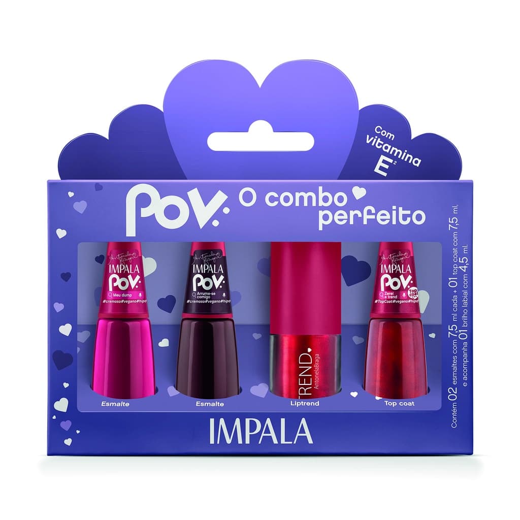 KIT IMPALA COLEÇÃO POV ANTONELA BRAGA - 2 ESMALTES + 1 TOP COAT + 1 GLOSS