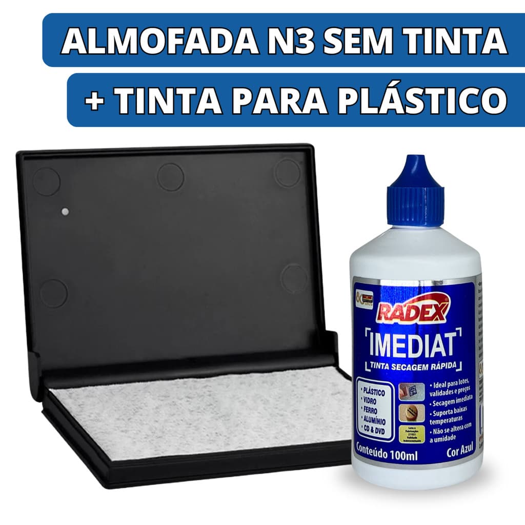 Kit Almofada De Carimbo Sem Tinta Média + Tinta Para Plástico Azul Secagem Rápida