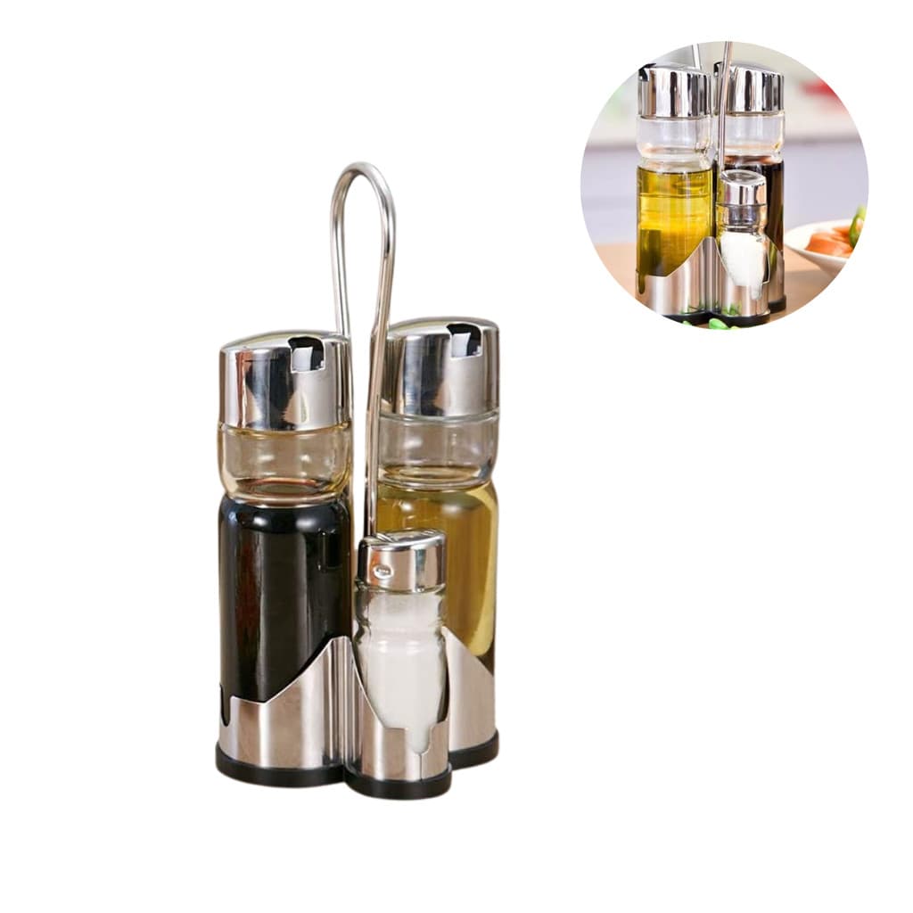 Galheteiro Porta Azeite Vinagre Saleiro Paliteiro Pimenta de Vidro Com Suporte Inox 4 Pça