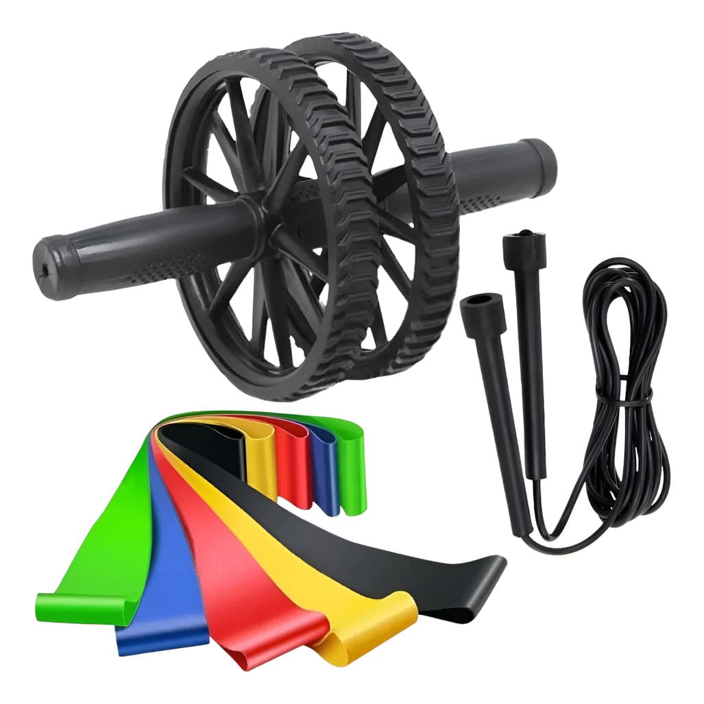 Kit Treino Com Roda Abdominal + 5 faixas Elástica + Corda De Pular
