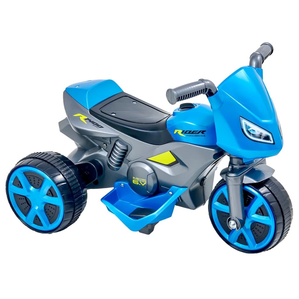 Moto Elétrica Infantil Rider Azul Metálico Recarregável 6V Bivolt Com Carregador Base De Apoio Usual