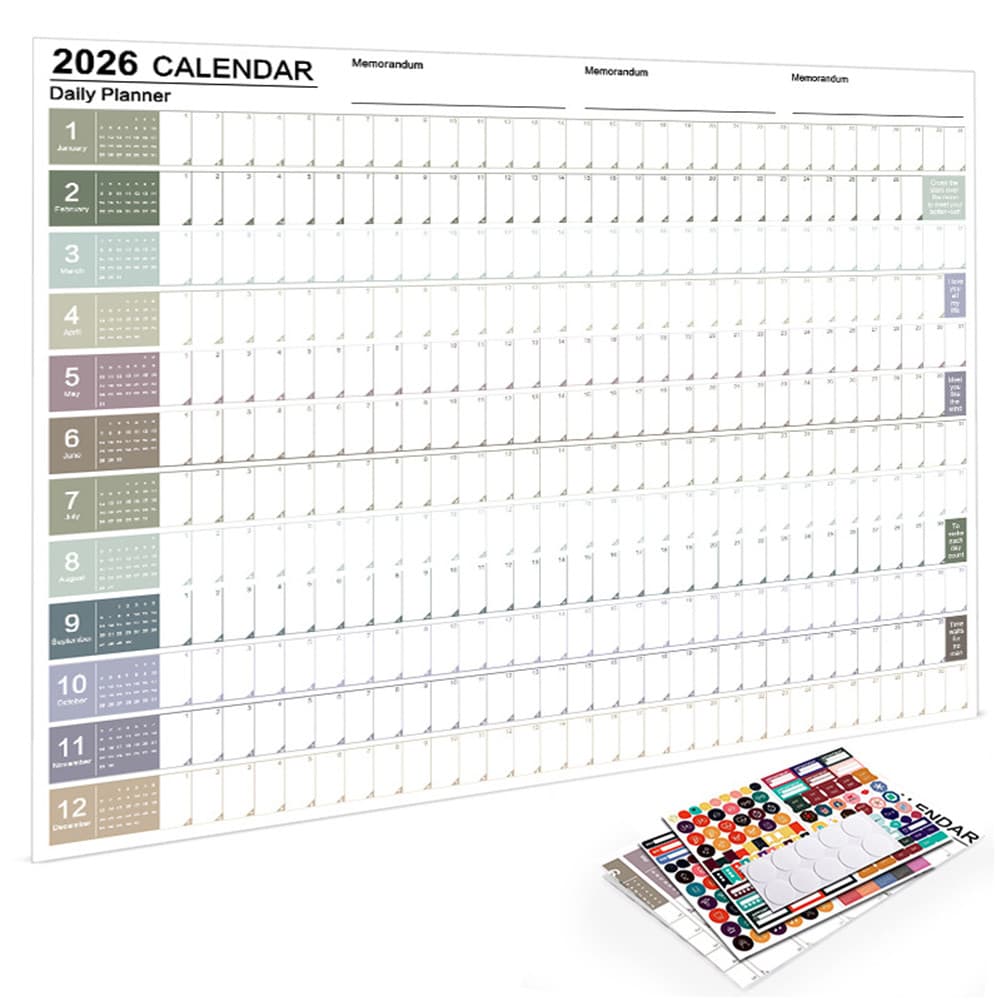 Calendário De Parede Anual 2026 , Ano Inteiro , Uma Página , Planejador , Plano Diário De Papel Com 2 Folhas De Adesivos