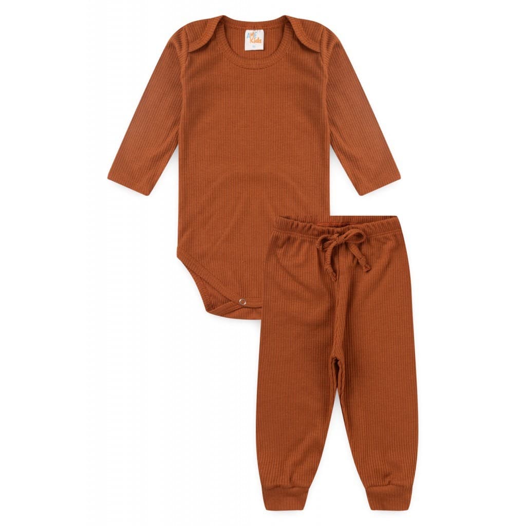Conjunto Infantil Outono/Inverno Body Manga Longa e Calça  Avelã