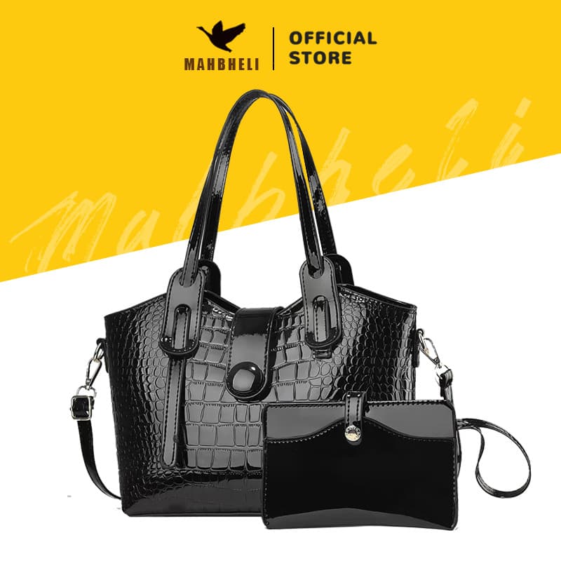 MAHBHELI Bolsa Tote em Couro Brilhante com Alça de Mão + Bolsa Adicional - Bolsa de Ombro/Transversal