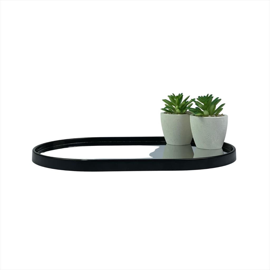 Bandeja Espelhada Decorativa Oval Lavabo Banheiro Porta Objetos Cosméticos Com 2 Suculentas Artificiais