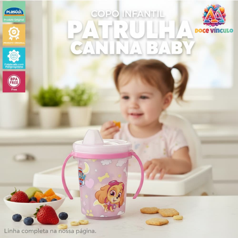 Caneca de Treinamento Infantil 330ml Copo Patrulha Canina Baby Alça Tampa Livre de BPA