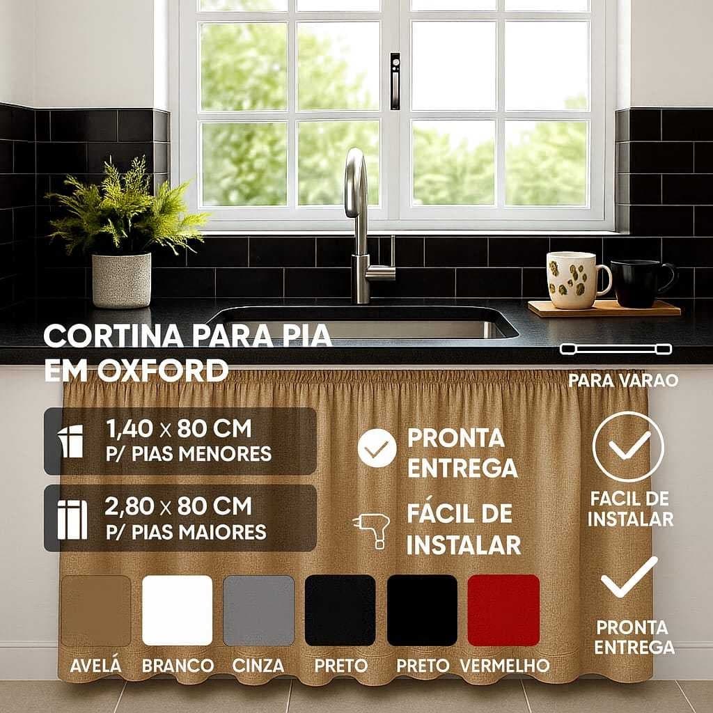 Cortina De Pia de Cozinha em Oxford 2 Tamanhos Várias Cores - Para Varão Prático Decorativo