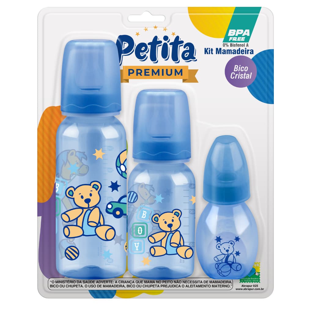 Kit 3 Azul Mamadeiras bebe Premium 240 ML 140ML 60ML Bico Silicone Petita