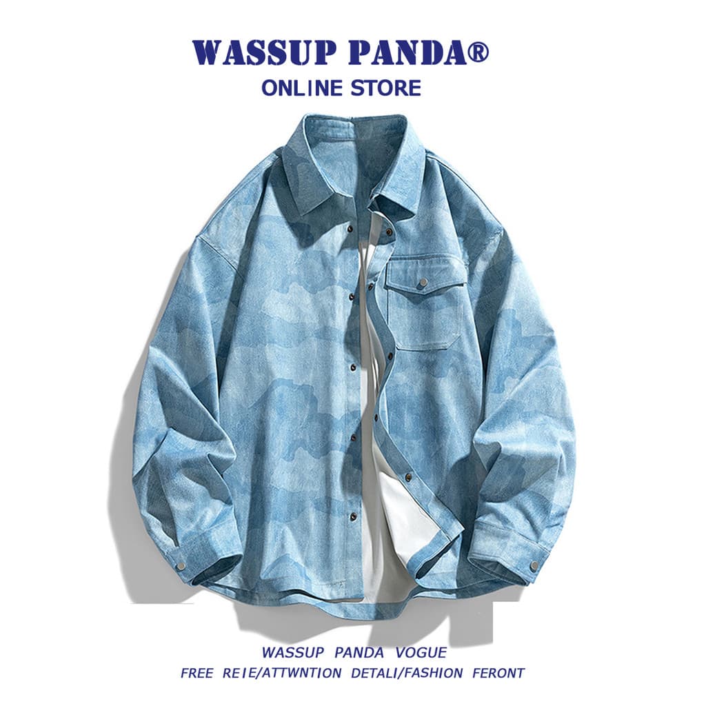 WASSUP PANDA Tie-Dye Rosa Camisa Masculina Manga Comprida Primavera Outono Street Wear High-End Solta Lapela Camisa Jaqu