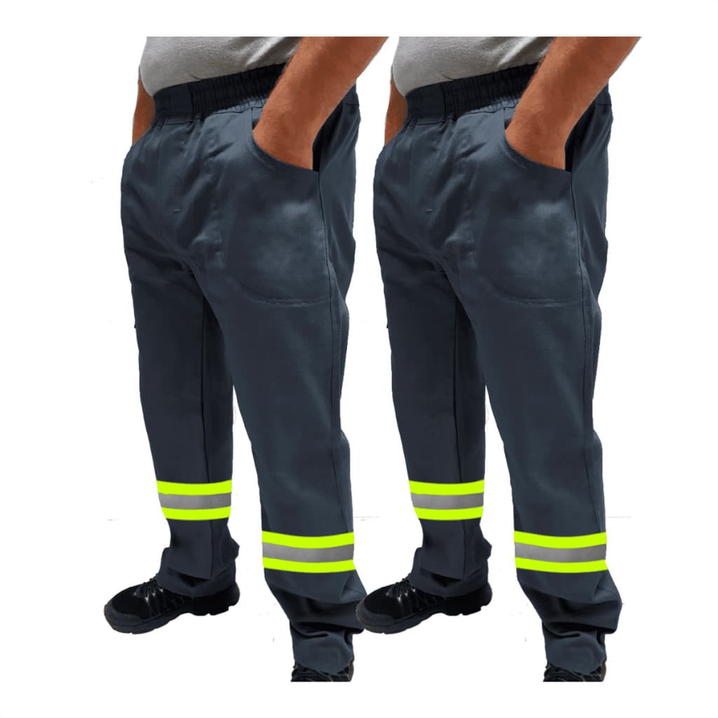 Kit C/ 2 Calça de Uniforme Pedreiro Brim Profissional Reforçada Com Faixa Refletiva Verde