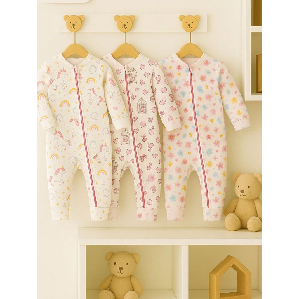 Kit c/3 Macacão de Zíper Estampado Vira Pé Menina