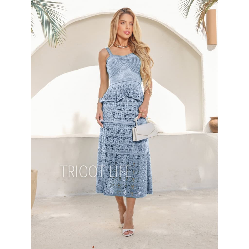 Conjunto Saia Midi Cropped Alça Tricô Feminino Crochê Verão Praia Natal Reveillon Elegante Casamento