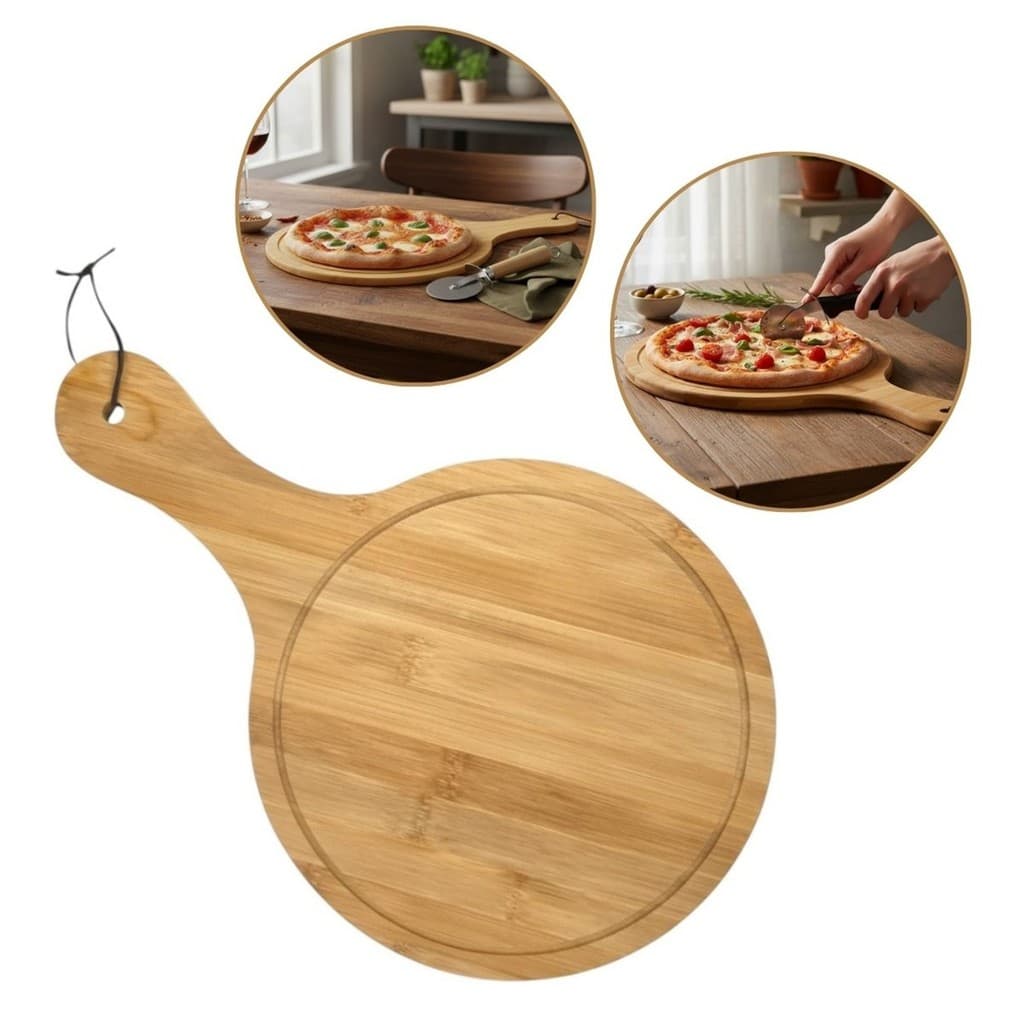 Tábua De Bambu Cozinha Corte Pizza P/ Servir Frios Multiuso Bambu Bege