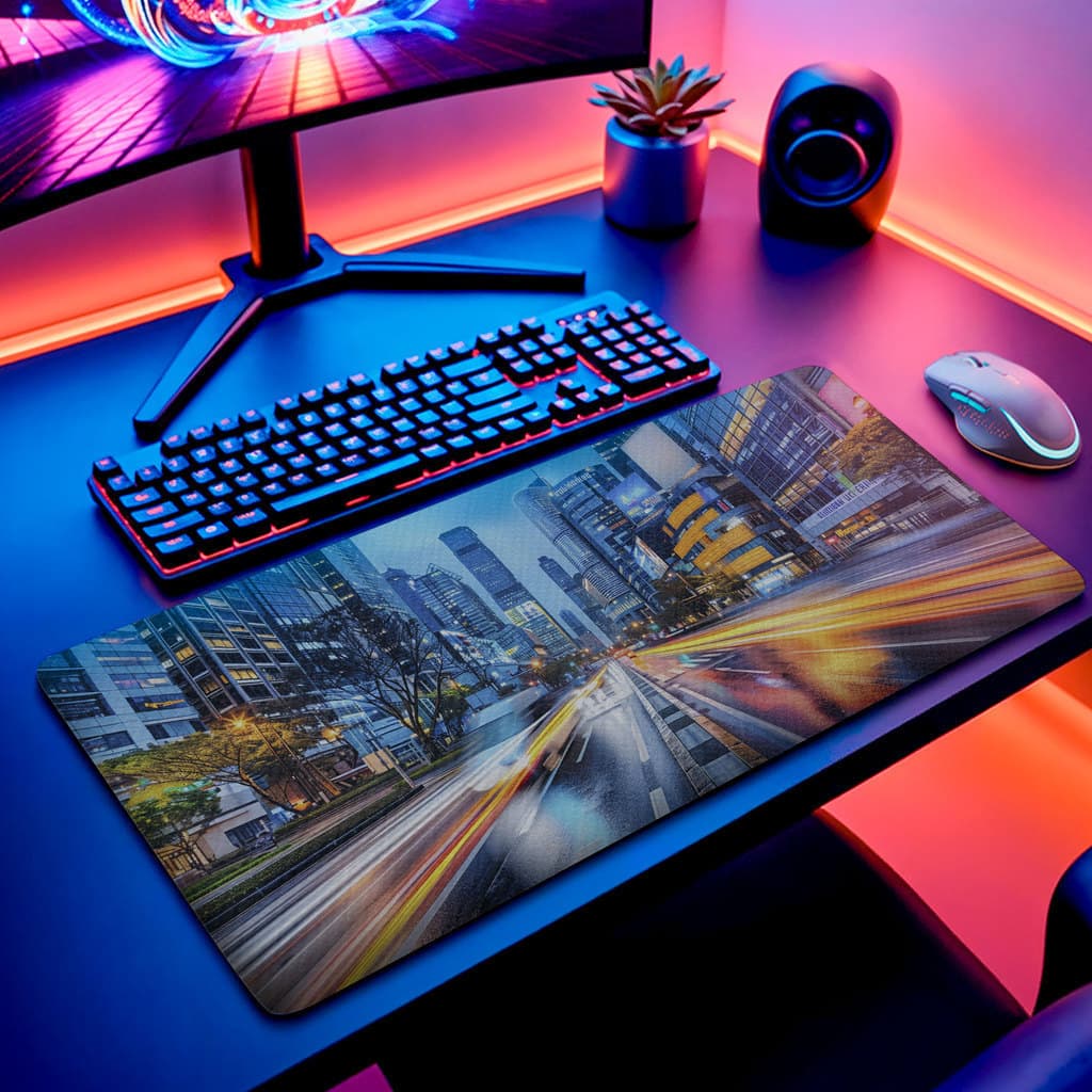MousePad Grande 80x30 Deskpad Metrópole Avenida Cidade Noturna Urbano Antiderrapante Grande