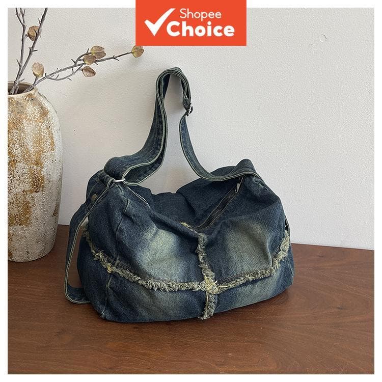 Bolsa tiracolo de jeans casual com grande capacidade, ombro ajustável
