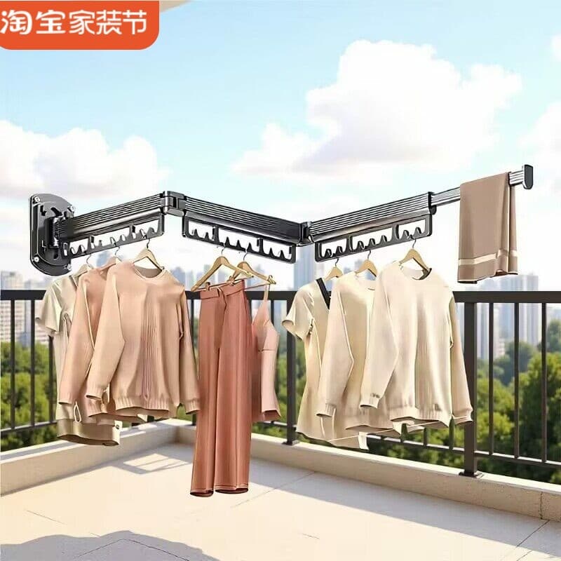 Rack de secagem dobrável sem perfuração, varanda de dupla utilização, rack de secagem retrátil invisível, roupas montada