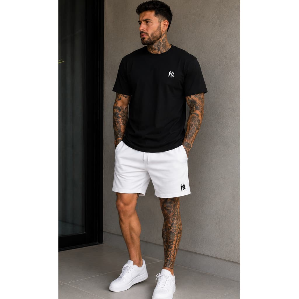 Kit Camiseta Algodão + Short Tactel Masculino Camisa Bermuda Estampado Verão Confortavel Dia Dia Academia Envio Imediato