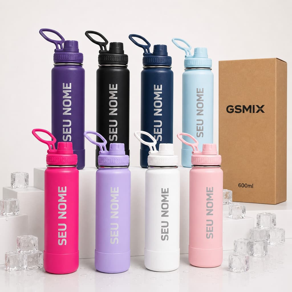 Garrafa Agua Térmica Inox 600ml Nome Ou Logo Gravado A Laser