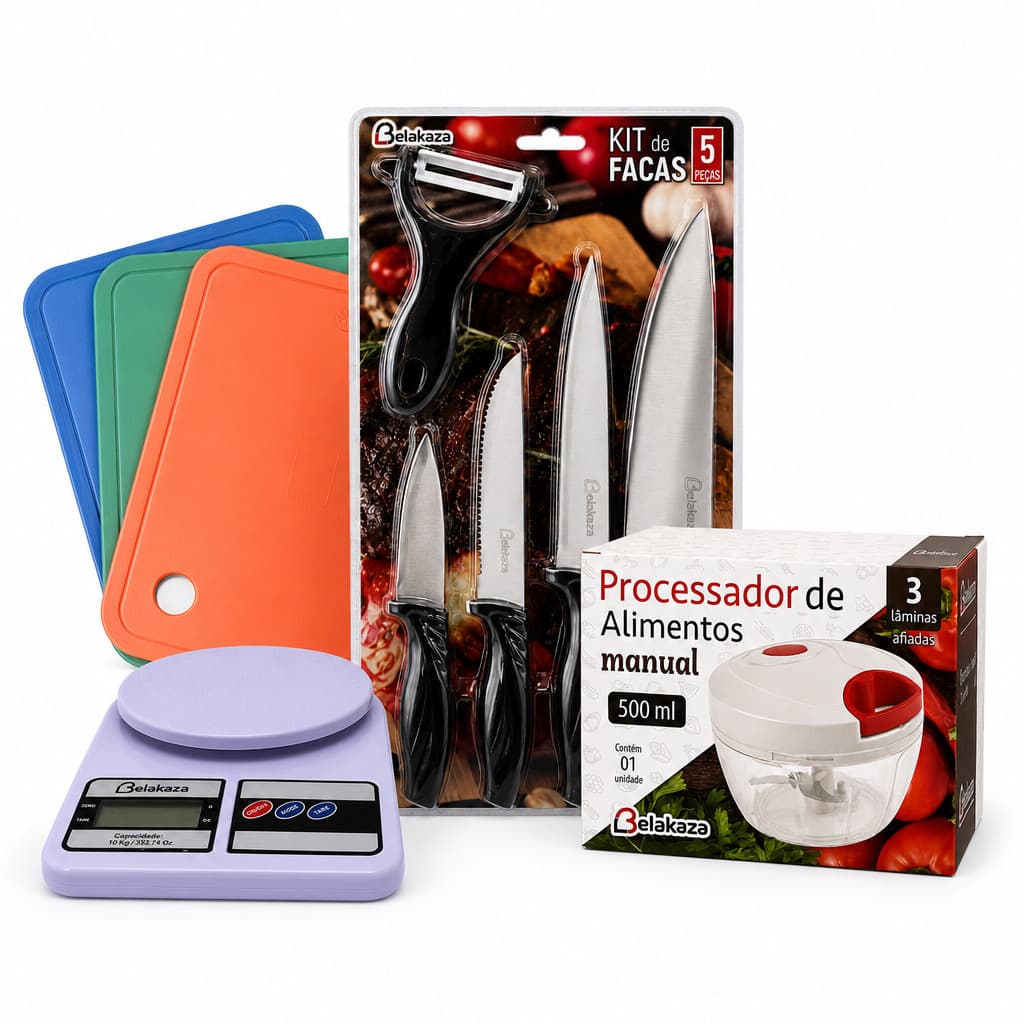 Kit Chef Cozinha: Jogo Facas 6pç + Balança + Tábua + Triturador