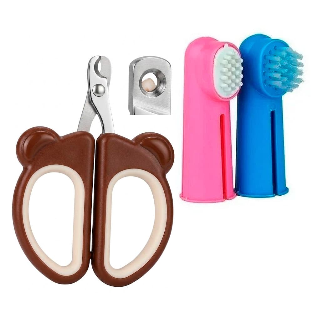 Kit Higiene Bucal e Unhas Pet Dedal + Tesoura Bear Baby
