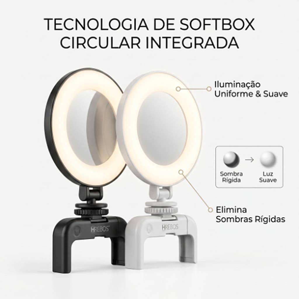HREBOS × HEYOO Mini Anel de Luz Selfie com Espelho 3 Tons de Luz Recarregável Preto e Branco