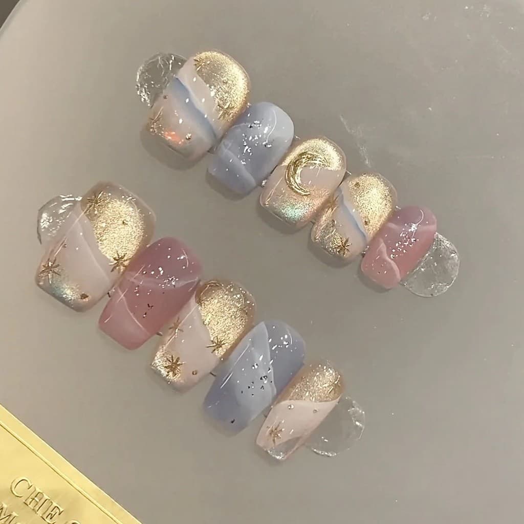 Unhas de estilo fino com glitter e contas de vidro, banhadas a ouro, ultracurtas, usáveis, com efeito olho de gato ilumi