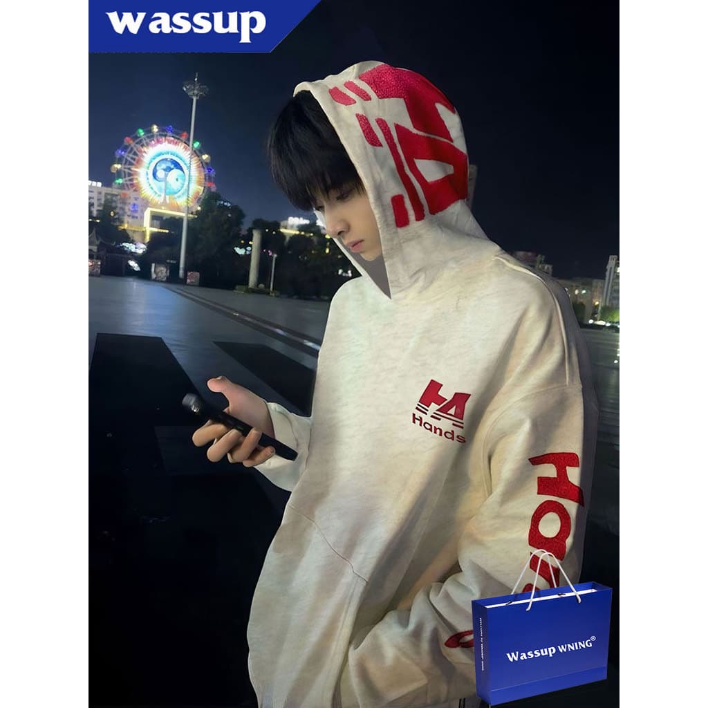 WASSUP American High Street Letter Toalha Bordado Moletom Com Capuz Masculino Forro De Lã De Inverno Engrossado Jaqueta