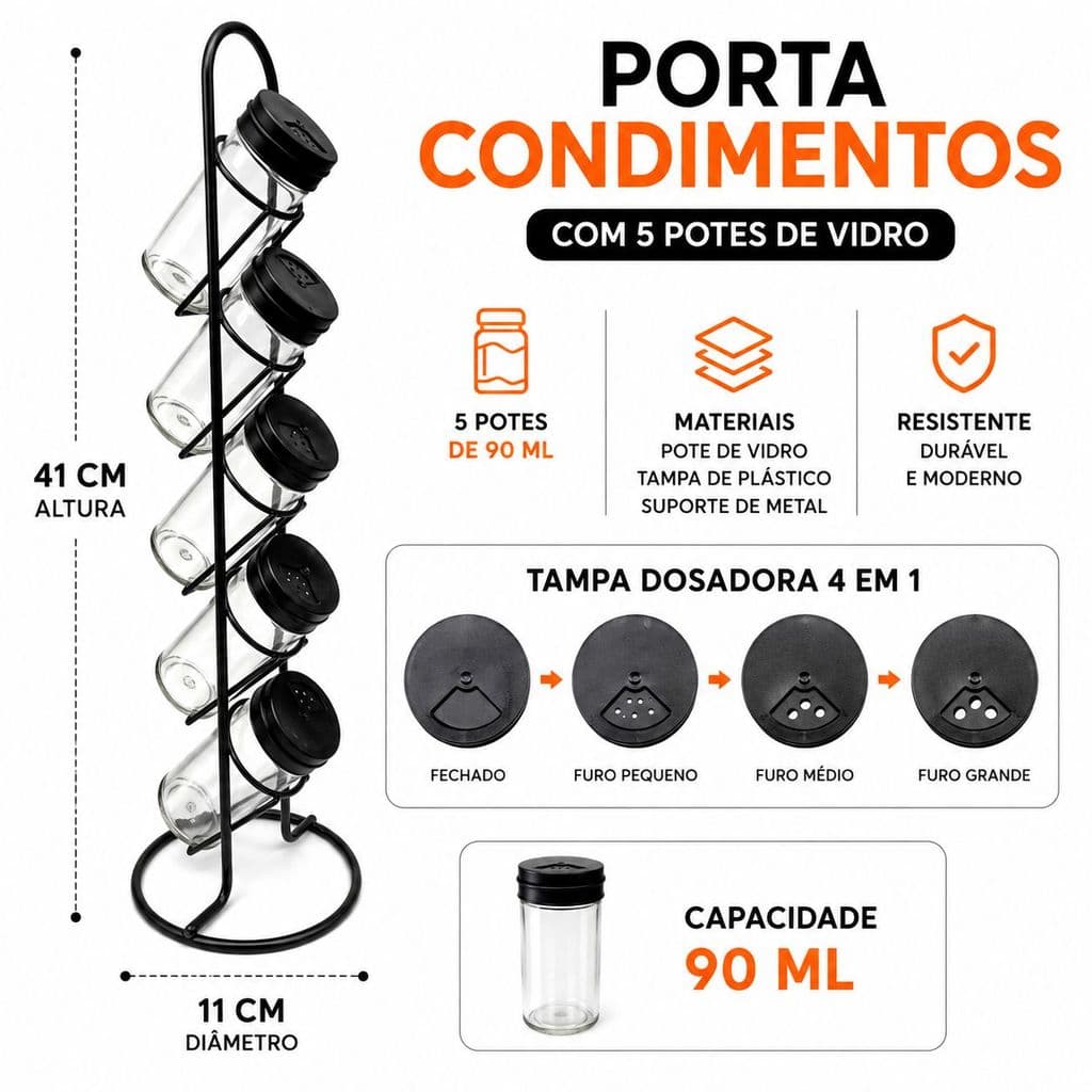 Porta Temperos Torre Com 5 Potes De Vidro 90ml Organizador De Temperos Suporte Em Aço Preto