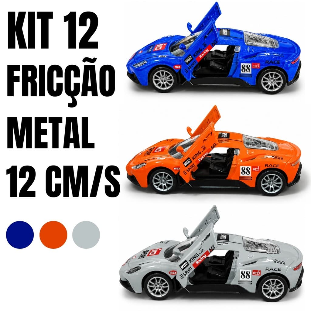 Kit 12 Carrinhos GT Racer 12cm Metal Fricção Portas Funcionais