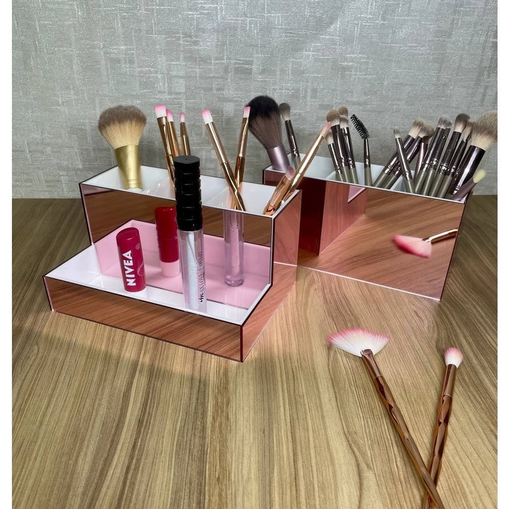 Kit com dois Organizadores de Acrílico para Maquiagem - Porta Pincel E Lápis - Rosê e branco