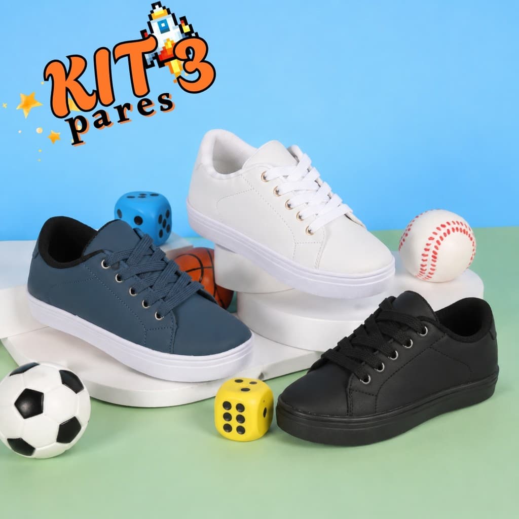 KIT 3 PARES Tênis Infantil Menino Casual Confortável Macio e Leve Para Brincadeiras e Uso Diário