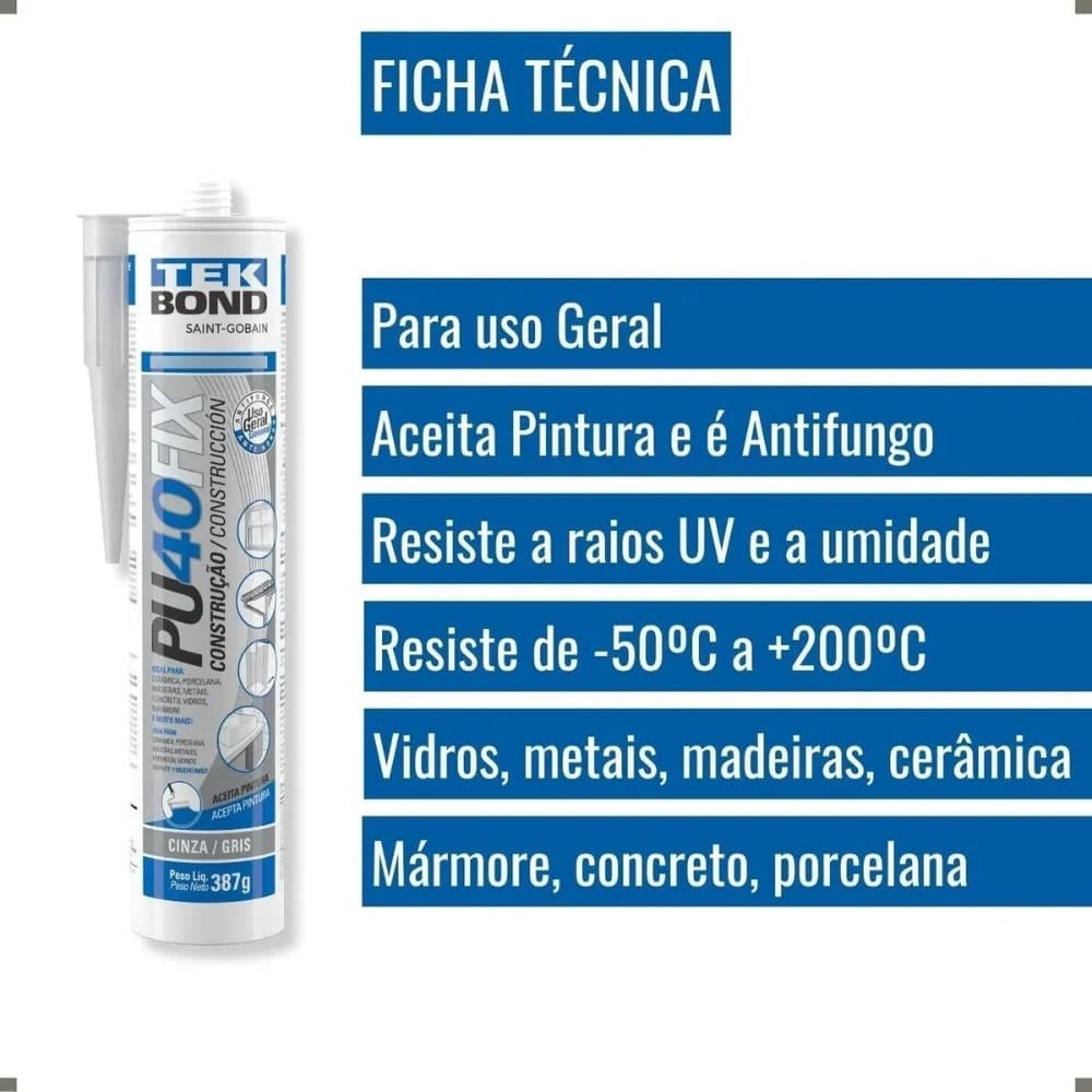 Kit 3 Cola PU 40 Selante 280Ml 387G Cinza Tekbond
