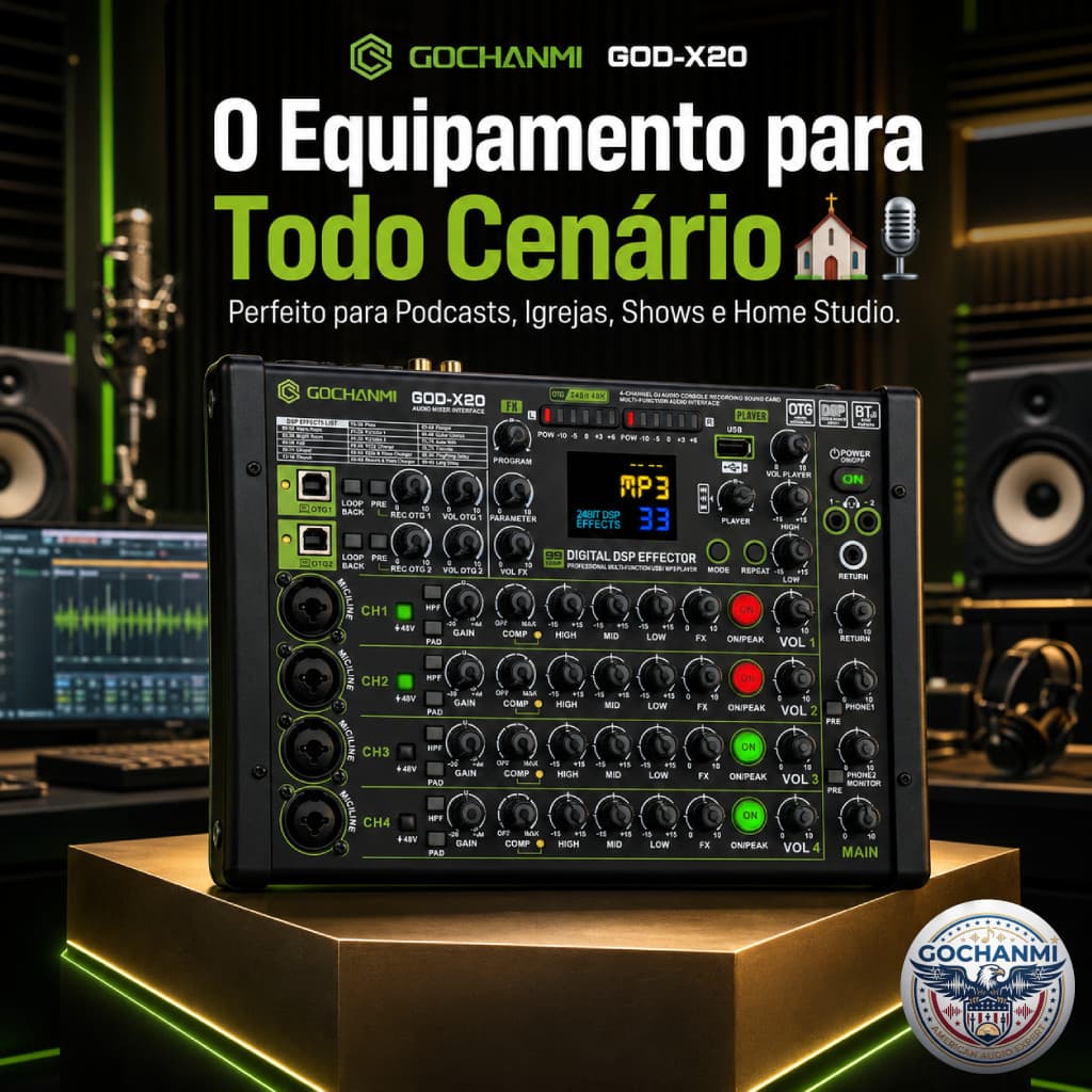 Mesa de Som Portátil GQD-X20 4 Canais USB Bluetooth OTG com Efeitos DSP