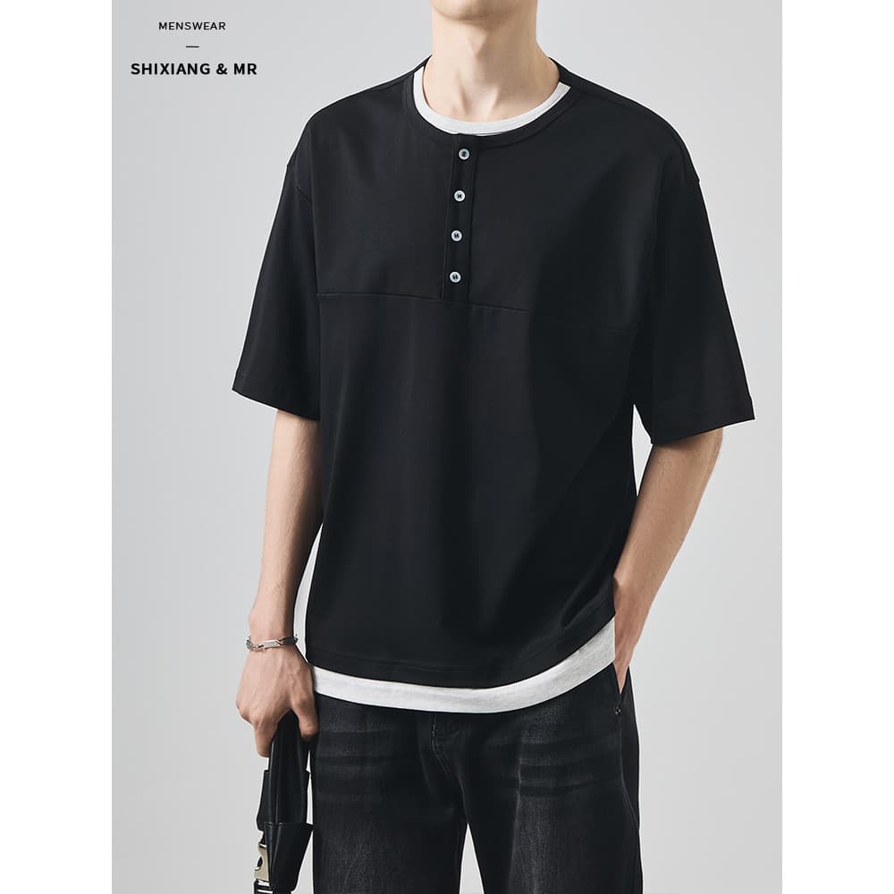 Estilo de dinheiro antigo versão coreana falso de duas peças de manga curta camiseta masculina verão All-Match solto con