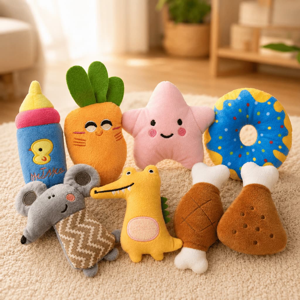 Brinquedo Pet Pelúcia Donut Cenoura Mamadeira e Coxinha para Cães e Gatos Macio Lavável Resistente Interativo