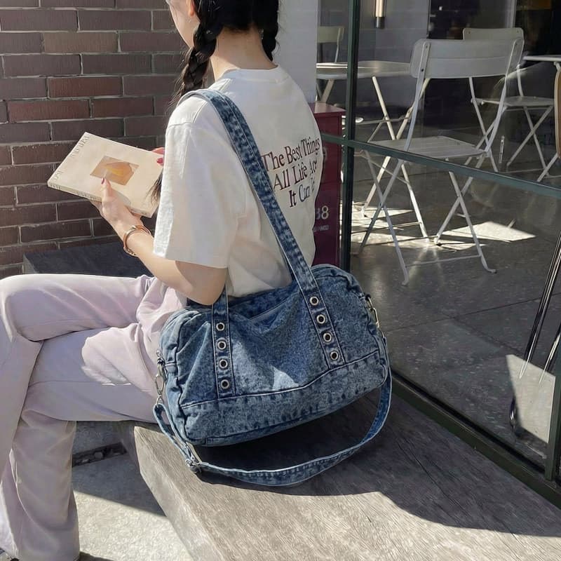 Novo estilo de motocicleta de alta qualidade bolsa de ombro feminina jeans de grande capacidade