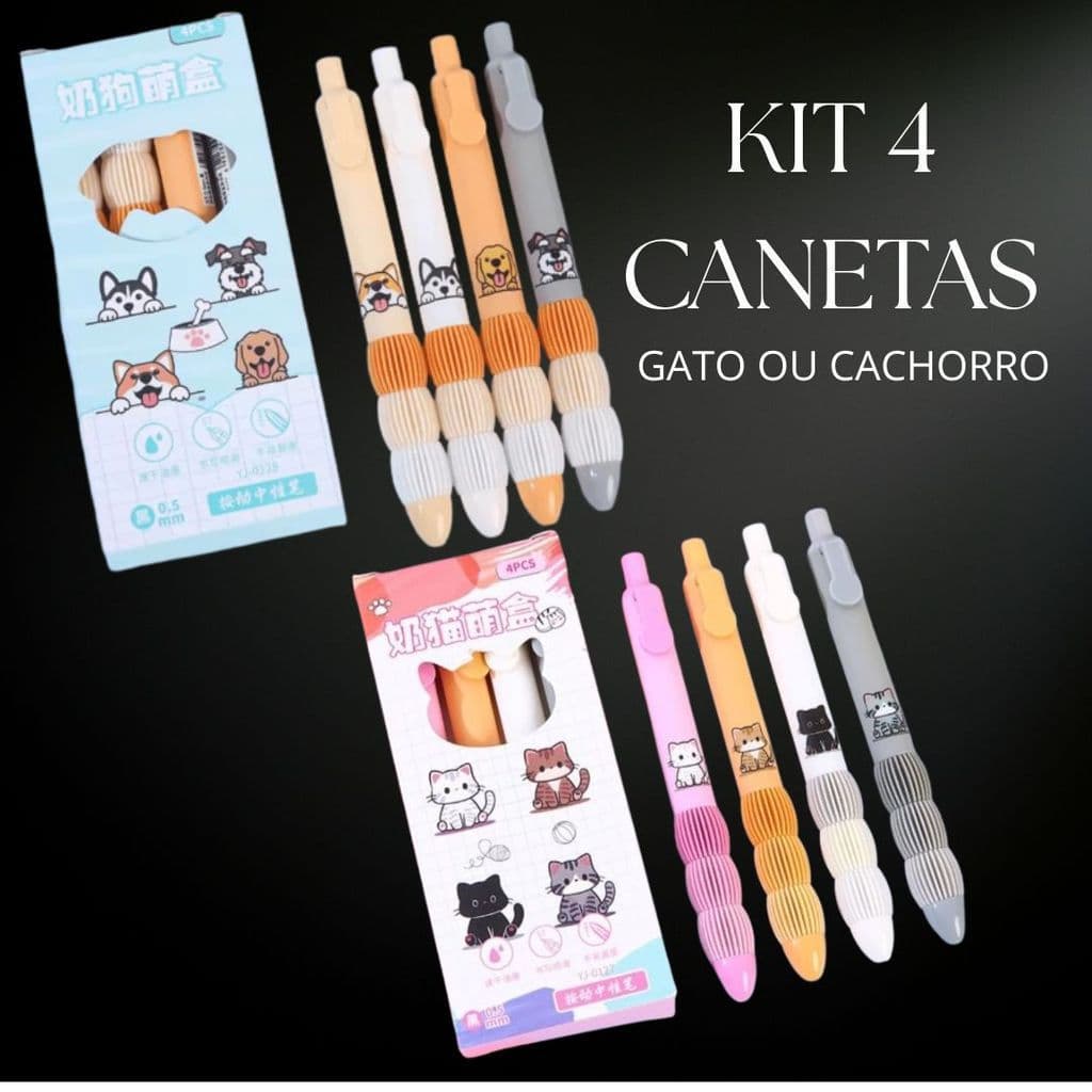 KIT CQRJ DE 4 CANETAS DE GEL COM TEMAS DE GATO OU CÃO E SUPORTE DE BORRACHA PARA AS UNHAS |         MATERIAIS ESCOLARES
