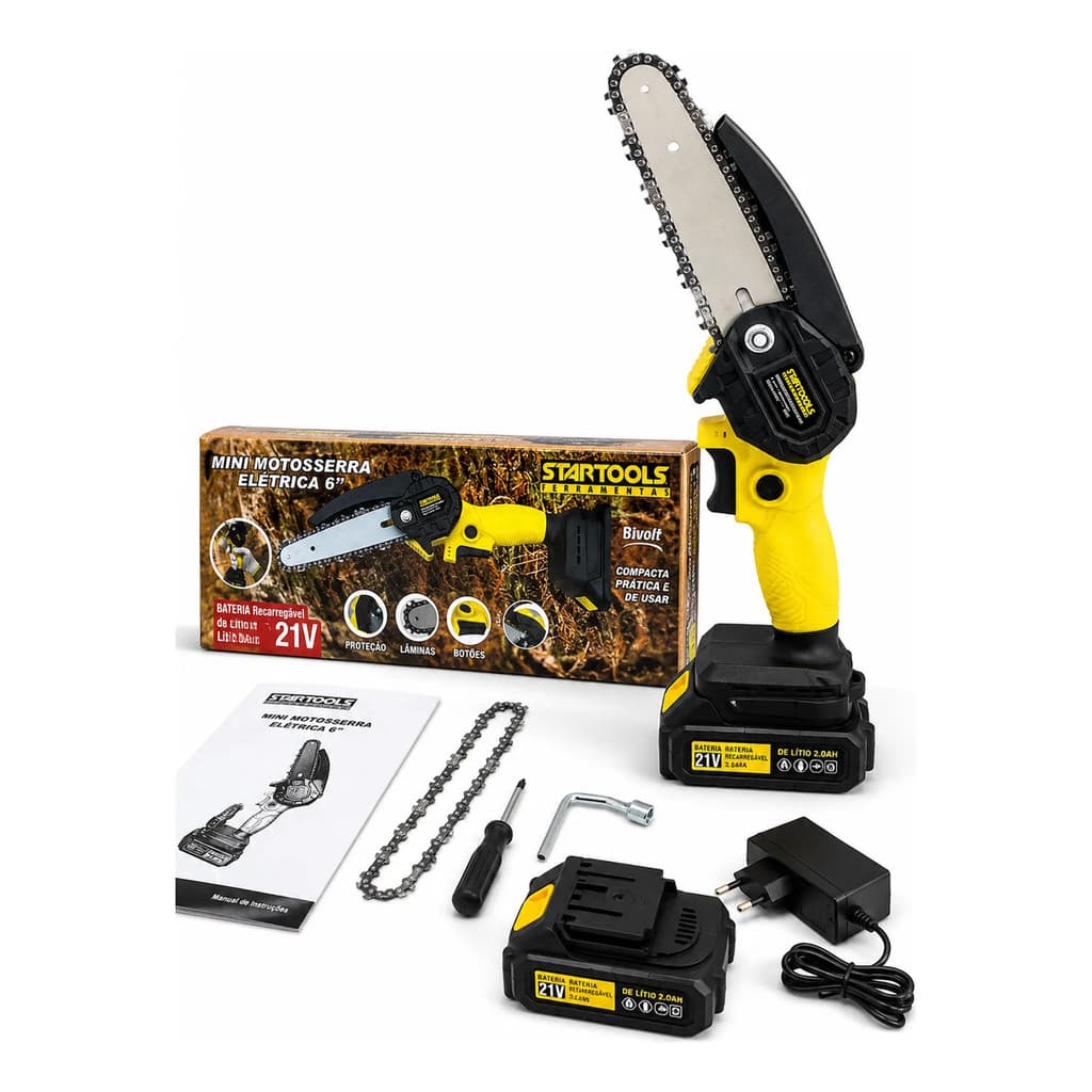 Mini Motosserra Elétrica 21V 6” Portátil com Bateria Recarregável Startools Sem Fio Podador de Galhos