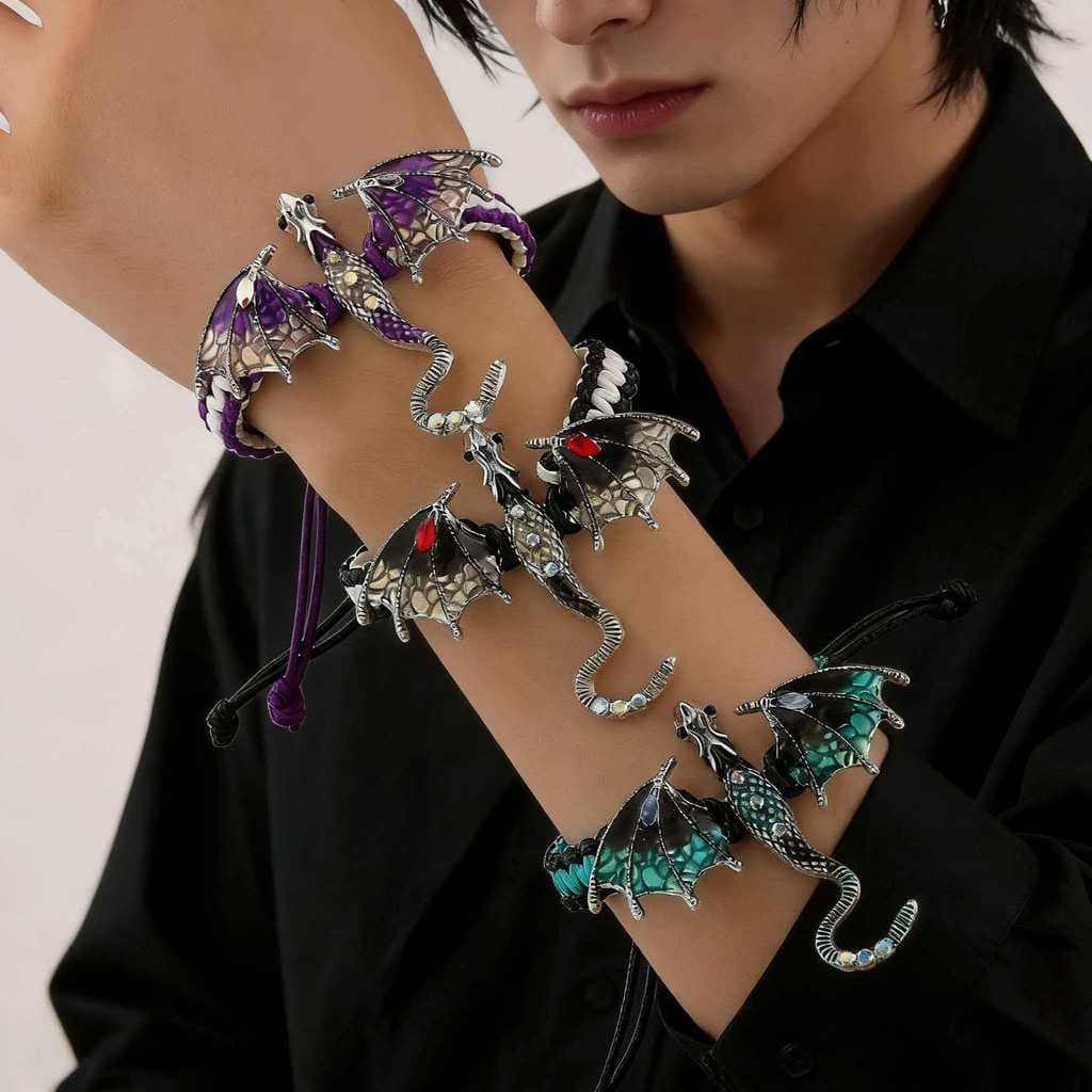 Pulseira Artesanal Vintage de Esmalte com Dragão e Diamantes, Joia Versátil para Homens com Personalidade