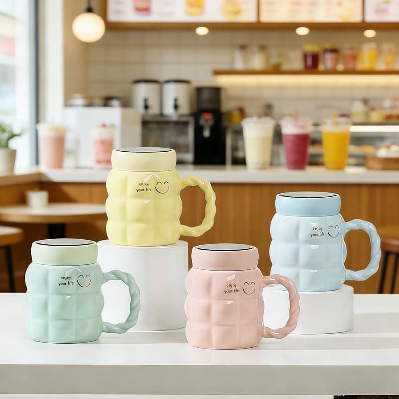 Estilo simples espelho copo caneca de cerâmica de alto valor com tampa caixa de presente casal copo bonito Smiley copo e