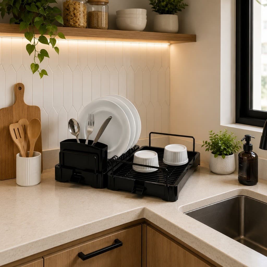 Escorredor de Louça Retrátil Preto Compacto Moderno e Ideal para Cozinha Pequena