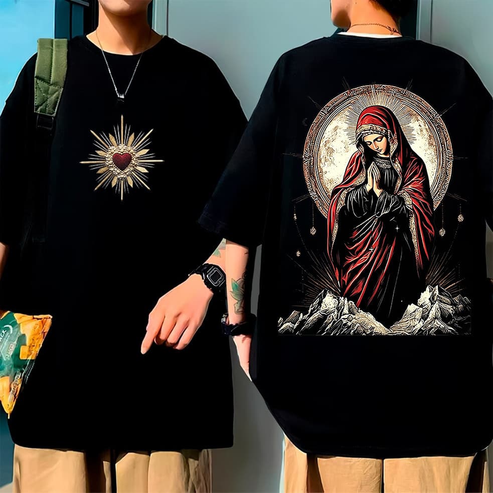 [Camiseta Premium em Algodão Puro]CC Camiseta Oversized Unissex, Premium, Estampa Nossa Senhora Vintage Dupla Face